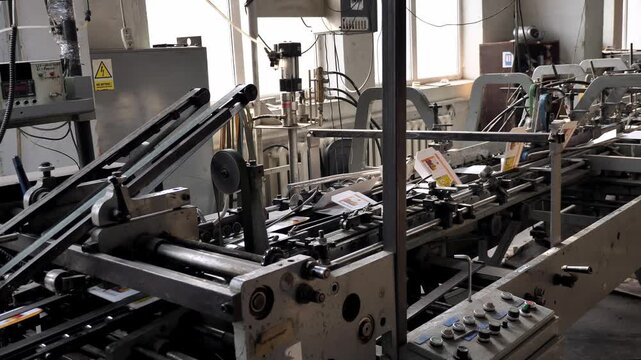 Paper printing process in modern factory. Industrial machines, production line, paper rolls and automated equipment in operation