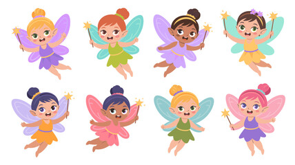 Fototapeta premium Cute Fairy Vector Set Magical Cartoon Fairies with Wands Collection