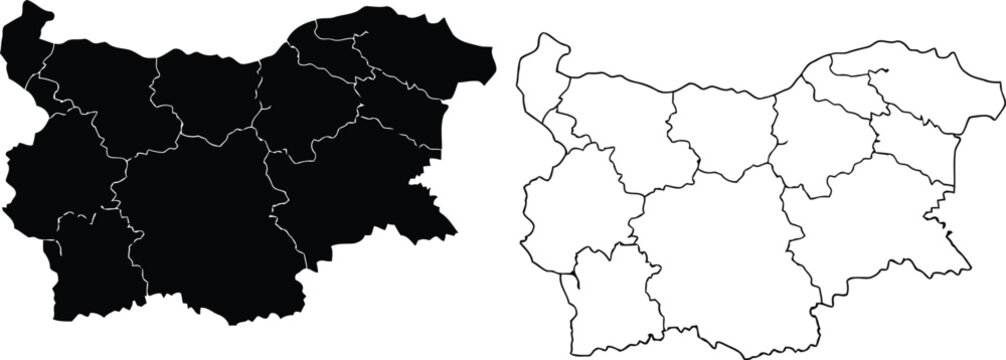 A comparison showing a black silhouette map of bulgaria next to a white outline map of bulgaria Vector