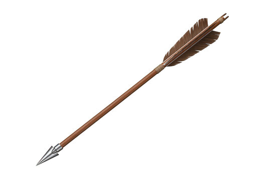 A realistic rendering of a brown arrow with a silver arrowhead isolated on transparent background