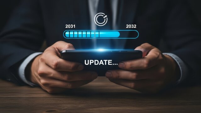 Businessman holds a smartphone displaying a glowing update loading bar indicating the transition to year 2032.