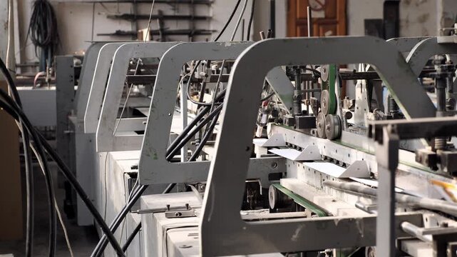 Paper printing process in modern factory. Industrial machines, production line, paper rolls and automated equipment in operation
