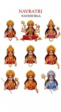 Navadurga nine forms of Hindu goddess Durga illustration set