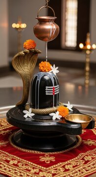 Sacred Hindu Shivling ritual with flowers and oil lamp in temple setting