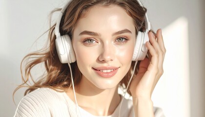 Naklejka premium Woman in White Headphones Relaxing with Music