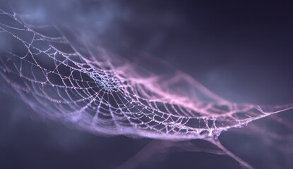 Obraz premium Intricate Spiderweb with Dew Drops in Ethereal Purple Hues.