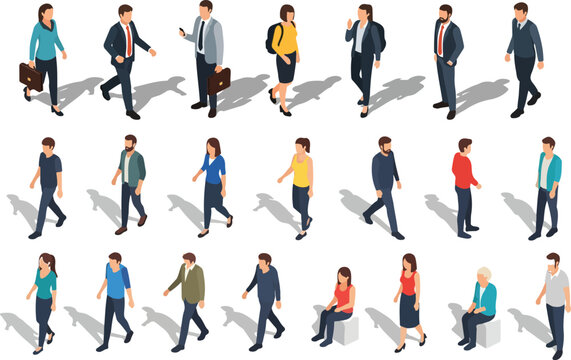 Isometric Vector People Set Featuring Walking and Sitting Figures with Shadows for Architectural Diagram.
