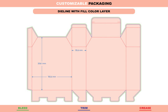 Flat dieline template for a tuck end box with mortise lock, featuring color-coded bleed, trim, and crease lines with dimension annotations