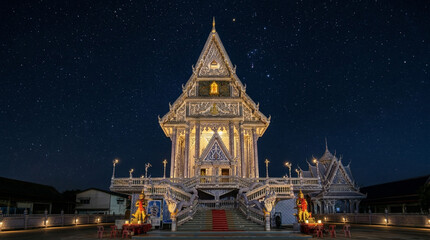 Obraz premium Ornate Thai Blue Temple Under Starry Night Sky