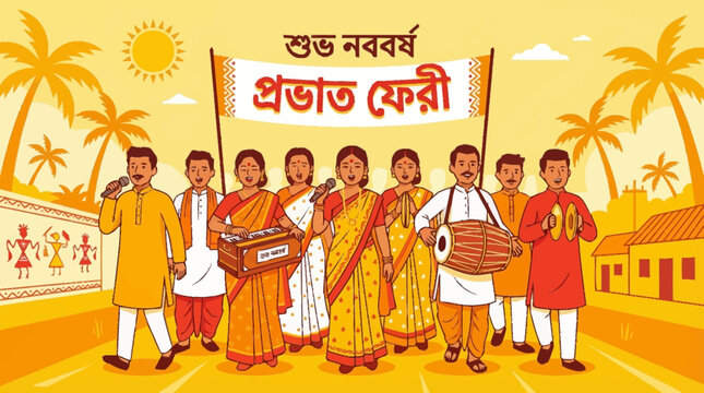 A group of people in traditional Indian attire participate in a Prabhat Pheri procession, singing and playing musical instruments.