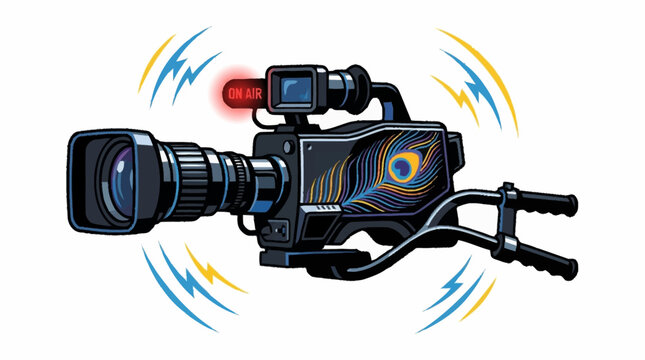 A professional video camera with a peacock feather design and flashing red light, surrounded by stylized energy waves.