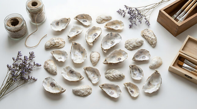 A scattering of empty oyster shells arranged on a flat surface, with dried lavender sprigs nearby