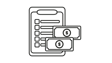 Minimalist black line art vector icon illustration of a clipboard with a checklist and dollar bills, symbolizing financial planning, budgeting, expense tracking, and business accounting tasks. © BIZLE