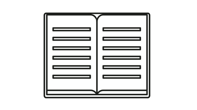 Minimalist black vector icon of an open book with text lines, representing reading, education, knowledge, and literature, isolated on a white background for clean graphic design projects.