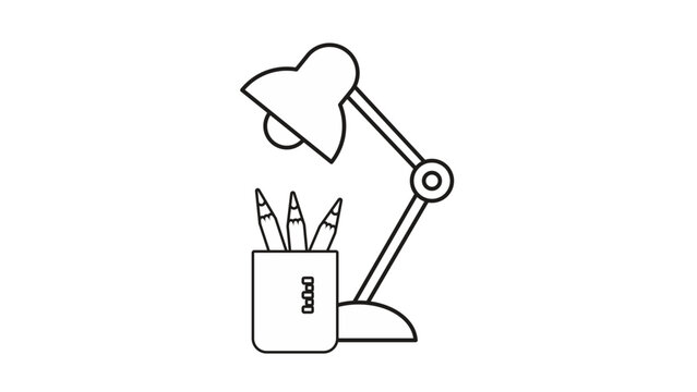 Minimalist black line vector illustration of a desk lamp and a pencil holder with pencils. Clean workspace icon for office, education, study, and creative design projects. Scalable symbol.