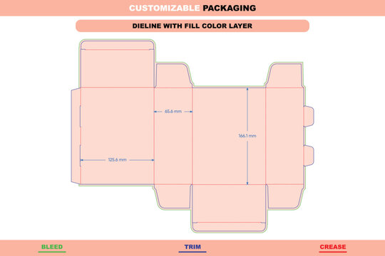 Reverse mortise lock box dieline template with structural folds, dimensions, and color fill layer for retail packaging