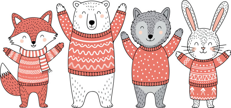Cute forest animals wearing winter scarves and sweaters wolf hare bear fox flat vector illustration set isolated on white background