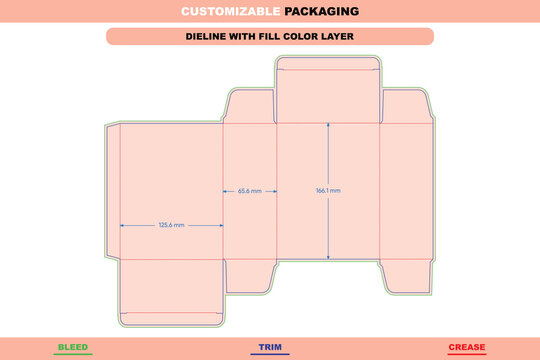 Reverse mortise lock box dieline template with dimensions, featuring bleed, trim, and crease lines for packaging and retail product display