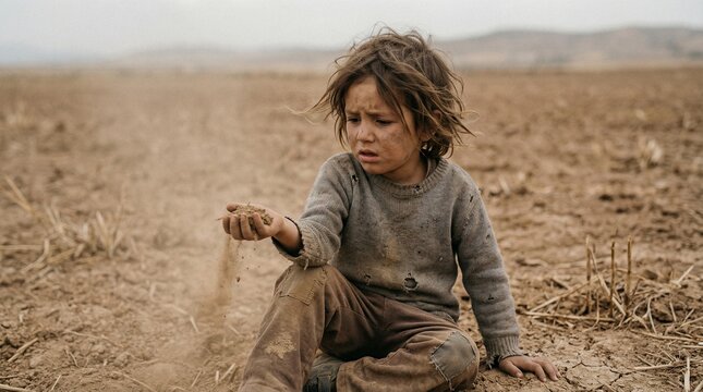 Young child sitting in arid, dry desert landscape, holding sand in hand, looking distressed. Concept of poverty, drought, and hardship.