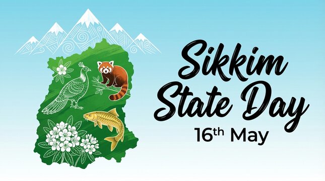 Greetings on Sikkim State Day featuring the state's map and key symbols, this day is celebrated annually on May 16th to honor Sikkim's rich heritage and