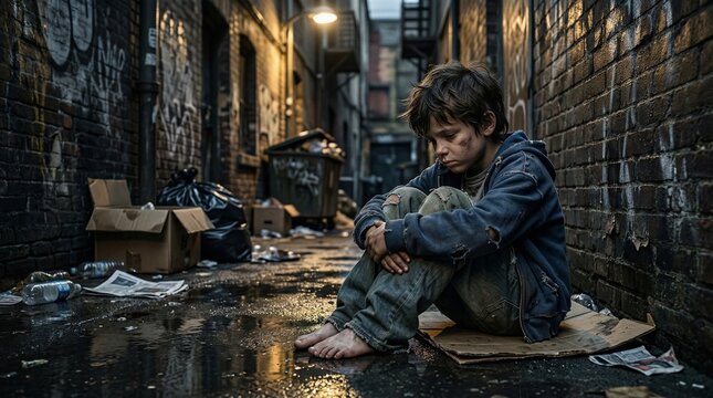 Sad, dirty child sitting alone in a dark, grimy alleyway. Image evokes themes of poverty, homelessness, and social issues. Commercial use concept.