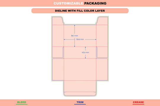 Tuck end box dieline template with fill color layer, featuring structural fold lines, trim edges, bleed margins, and precise millimeter dimensions