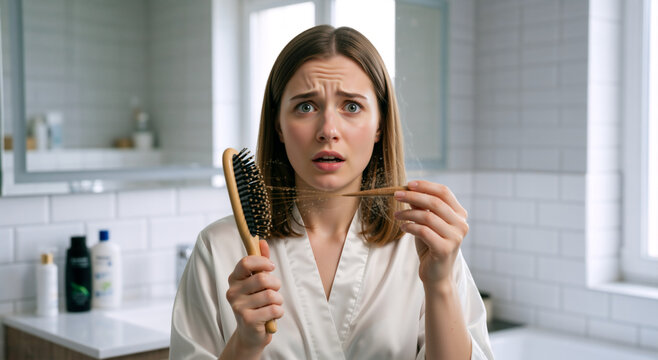 Worried young woman looking at hair loss on brush in bathroom. Female holding clump of hair with shocked expression. Haircare and health problem concept