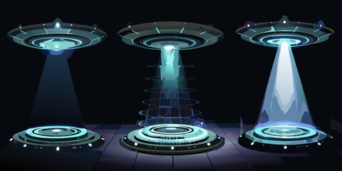 Three glowing ufos descend with bright beams onto a dark surface © Riya