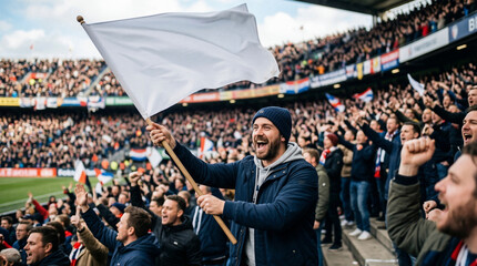 Obraz premium Unfurled Flag: A passionate supporter waves a white flag amidst a sea of cheering fans, embodying the electric atmosphere and unity within a stadium.