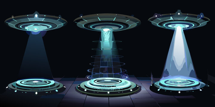 Three glowing ufos descend with bright beams onto a dark surface