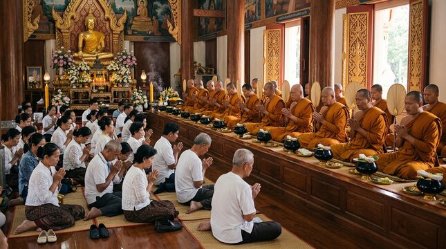 Buddhist Monks and Devotees in Traditional Ceremony at Temple