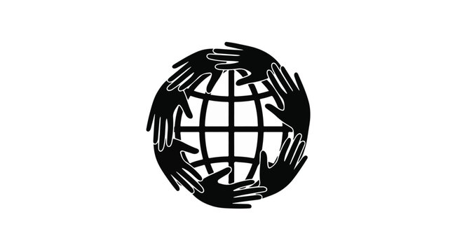 Human hands forming a circle around a globe grid symbolize global cooperation and unity on a white background.