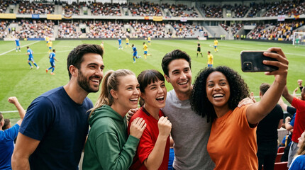 Naklejka premium Spectator selfie: A cheerful group captures a moment, posing for a selfie during a lively sports event, surrounded by fellow enthusiasts in a packed stadium. 