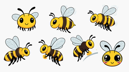 Fototapeta premium Cute cartoon bees in various poses, collecting pollen and flying
