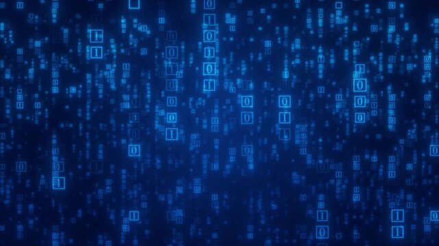 Futuristic Glowing Blue Binary Code Numbers 0 And 1 Flickering Inside Squares, Cascading Vertically In A Digital Matrix Against A Dark Navy Blue Background. High-tech Scene Representing Big Data Proce