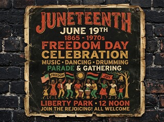 A vintage Juneteenth poster with an artistic design, celebrating Freedom Day. It includes the date, location, and various activities related to the celebration, along with imagery.