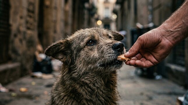 Compassionate Hand Feeds Hungry Stray Dog in Gritty Urban Alleyway, Symbolizing Kindness and Hope Amidst Poverty