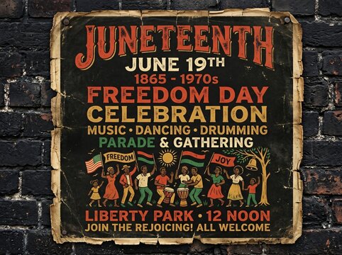 A vintage Juneteenth poster with an artistic design, celebrating Freedom Day. It includes the date, location, and various activities related to the celebration, along with imagery.