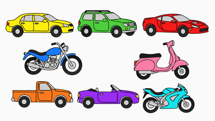 Naklejka premium Collection of colorful cartoon vehicles including cars, motorcycles, and scooters