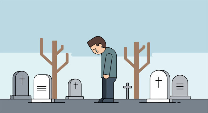 A sorrowful man stands crying in a cemetery surrounded by tombstones and trees