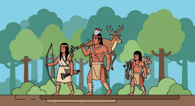 Indigenous family returning from a successful hunt in the woods with wild game