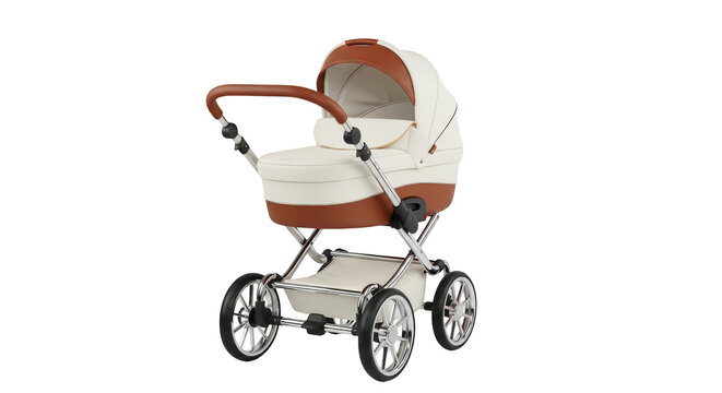 Elegant White Pram with Leather Handle Design Mockup Isolated on Transparent Background