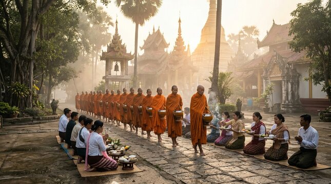 Monks in orange robes receive alms from devotees in Thailand during a serene sunrise, showcasing spiritual traditions and Buddhist culture.