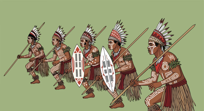 Five tribal warriors in a dynamic crouch with spears, shields and feather crowns
