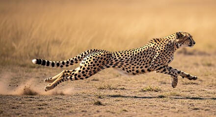 Fototapeta premium Cheetah runs across the dry savannah grass at high speed while raising dust in the hot afternoon sun during a wild hunt in the African wilderness.