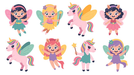 Naklejka premium Cute Fairies and Unicorns Vector Set Magical Fantasy Characters Collection