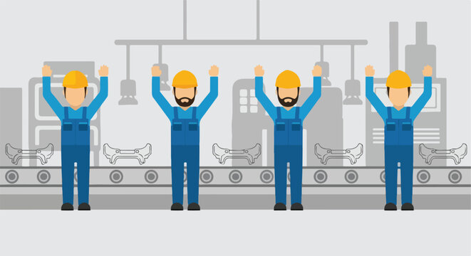 Four factory workers in blue overalls and hard hats cheering on production line