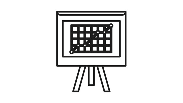 Black line vector icon of a presentation board with an upward trending line graph on a grid, symbolizing business growth, success, and data analysis, isolated on a white background.