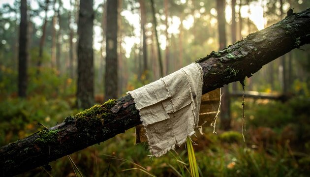 Tattered piece of faded fabric resting on a mossy tree branch in a sunlit forest clearing