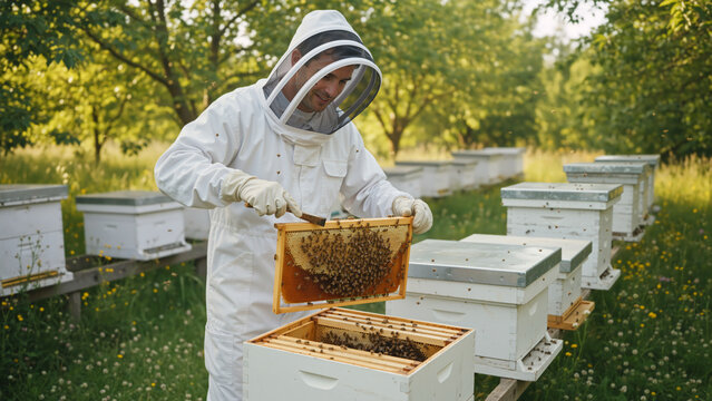 Beekeeper in white protective suit inspecting honeycomb frame. Professional apiculture in an outdoor apiary. Honey production and bee colony management